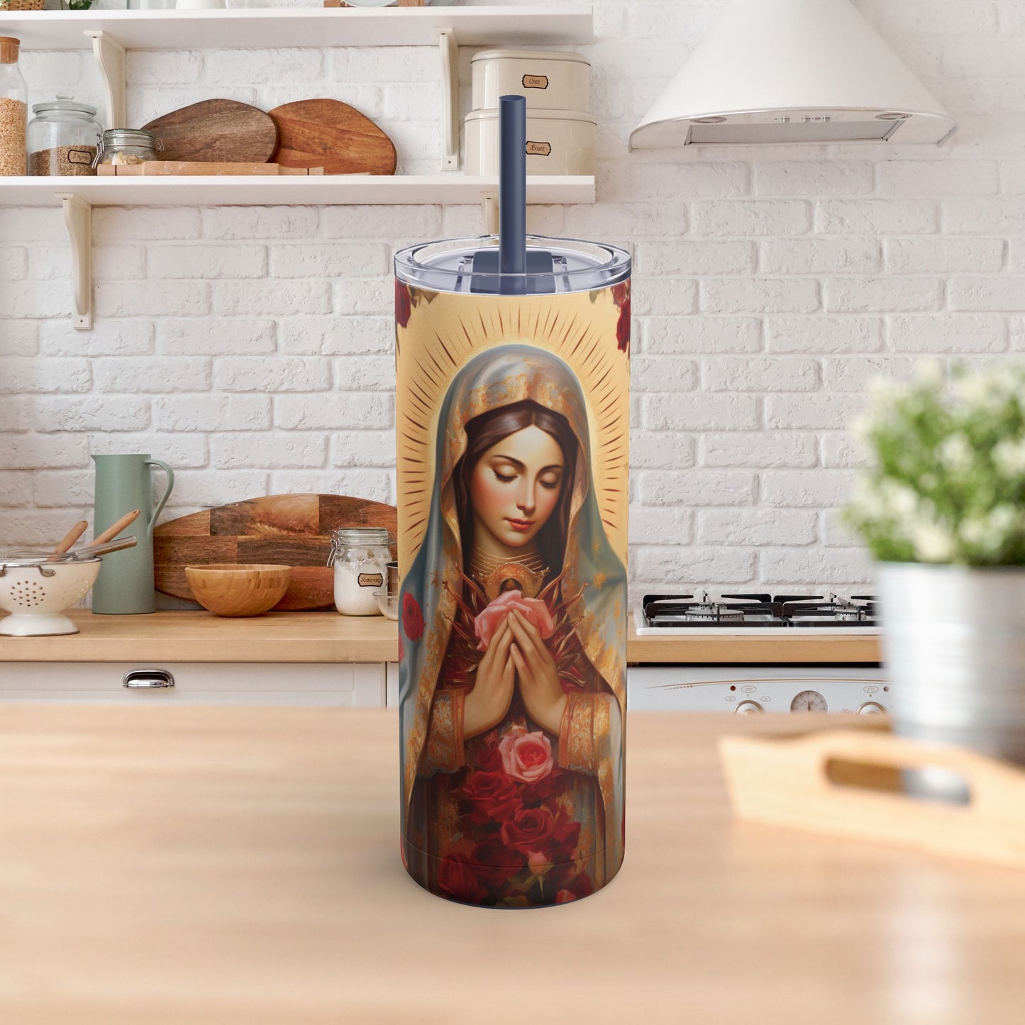 Virgin Mary Skinny Tumbler — 20oz Religious Stainless Straw Cup
