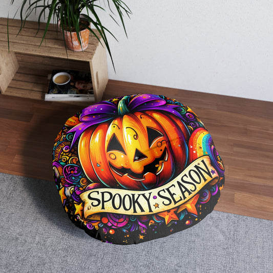 Tufted Round Floor Pillow: Pumpkin with Purple Bow and 'Spooky Season' on Vibrant Background - TRFP