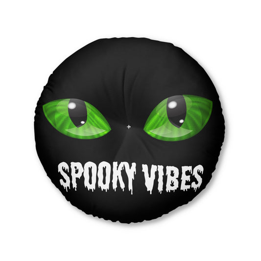 Tufted Round Floor Pillow: Spooky Vibes with Green Eyes on Black Background - TRFP